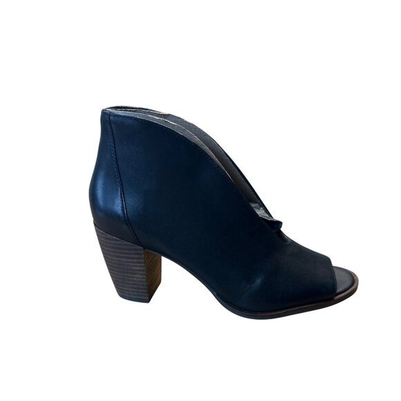 Lucky Brand Size 9 Ankle Leather Halo Peep Toe Booties Chunky Wooden Heel - Picture 5 of 9